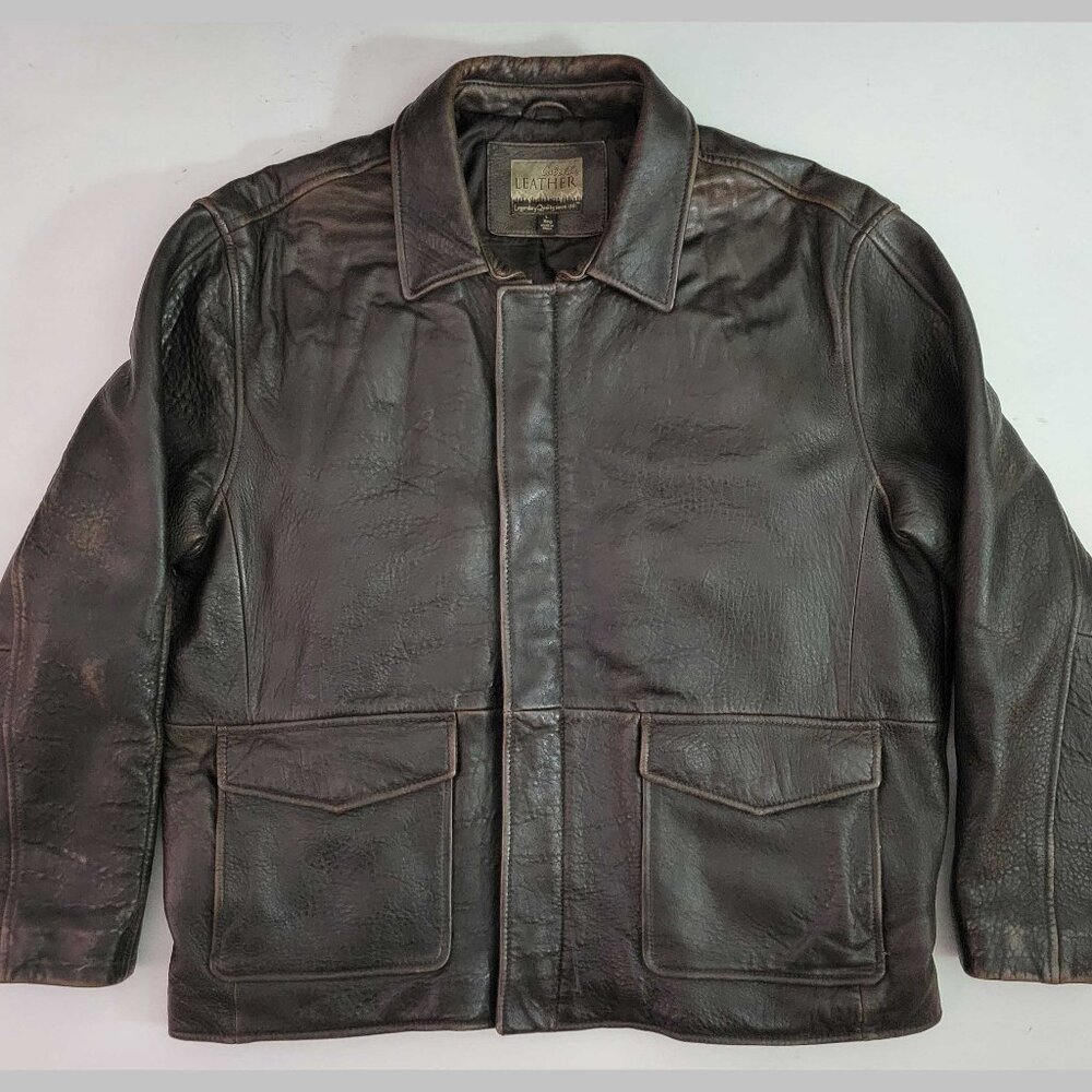 Cabela's Brown Leather Vintage Buckle Back Moto Cafe Style Bomber Jacket Men's L